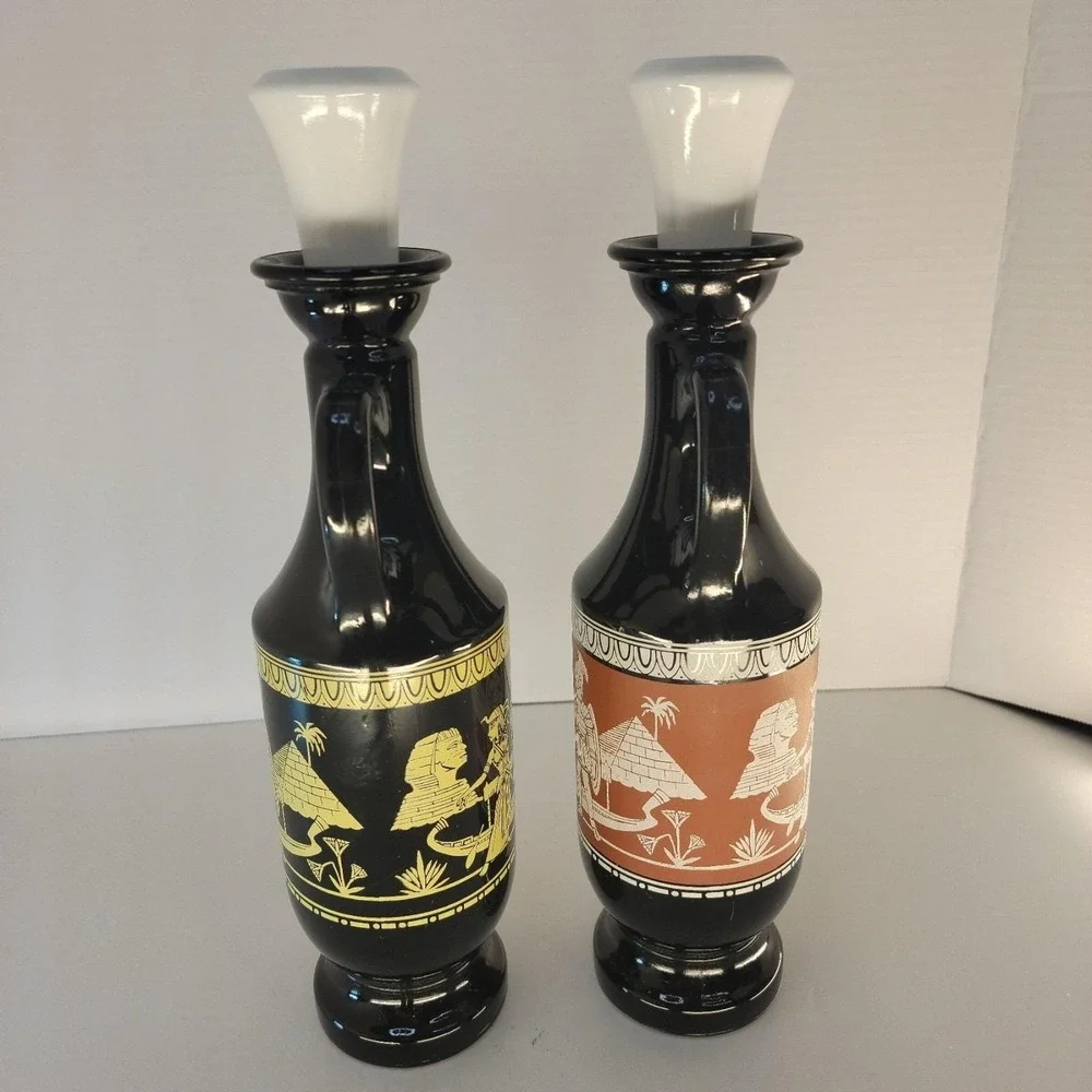 Vintage 1962 Cleopatra Egyptian Decanter Pair D-334 Black Glass
